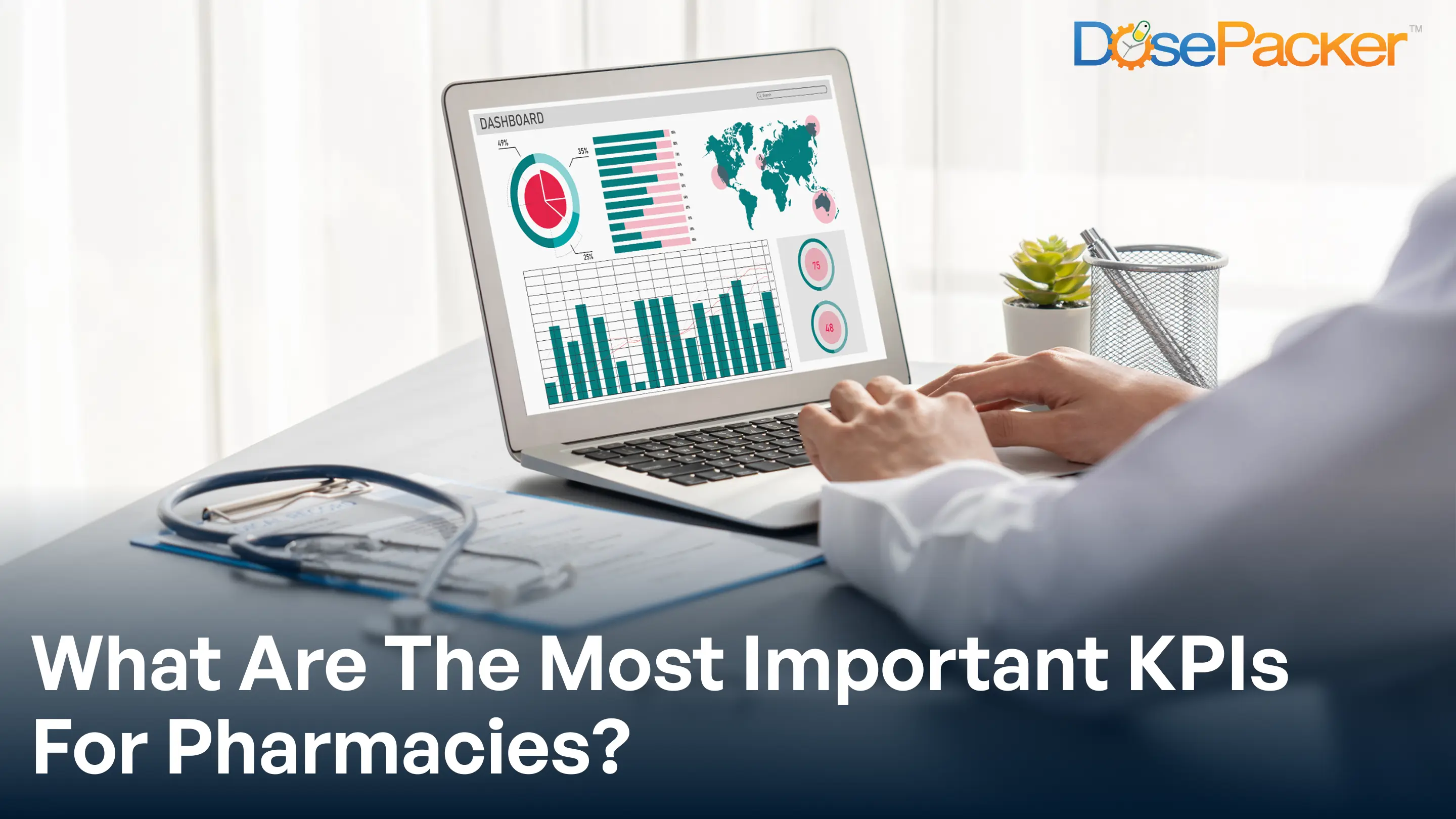 A pharmacist reviewing pharmacy KPI and analytics dashboards on a tablet.