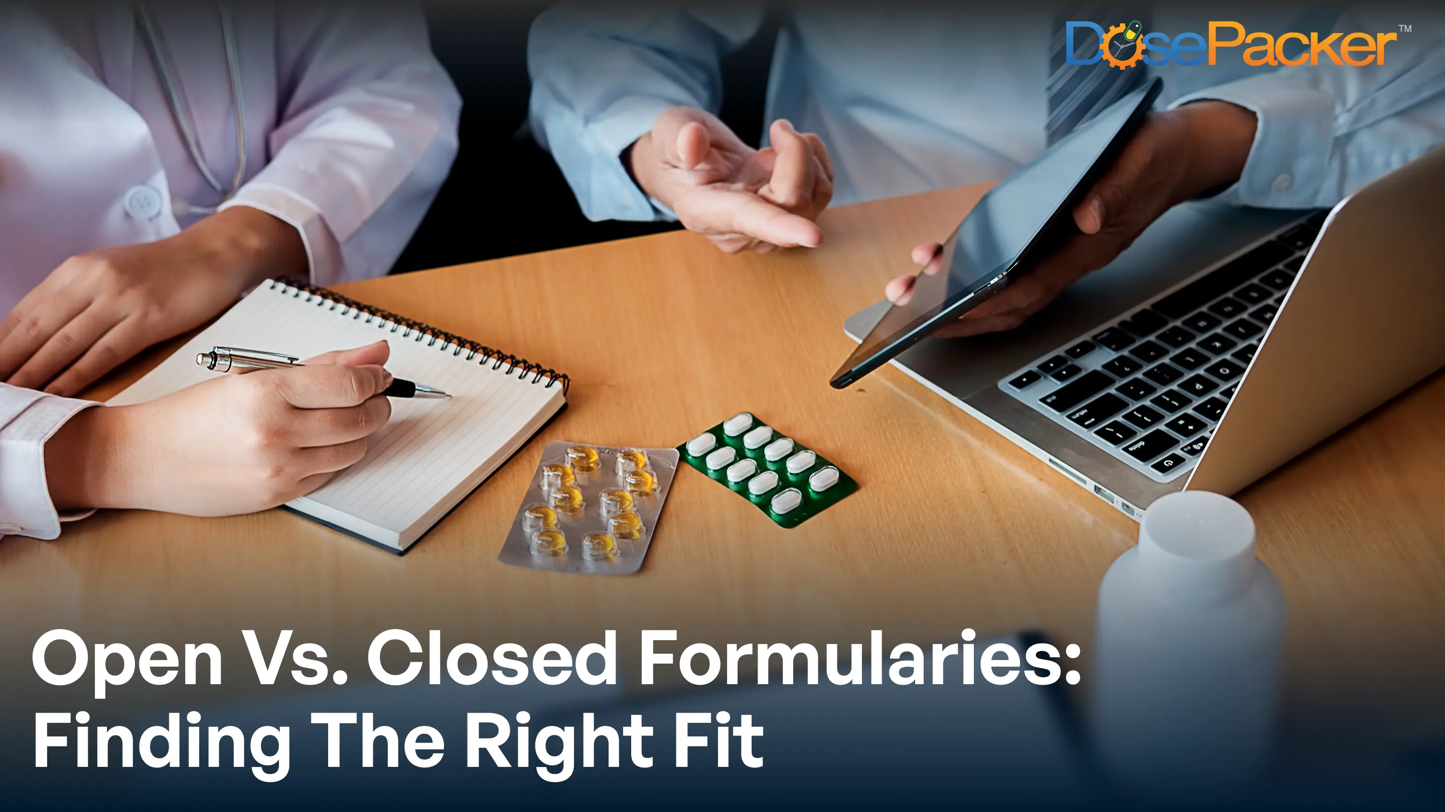 A pharmacist comparing open and closed formulary options on a digital dashboard.